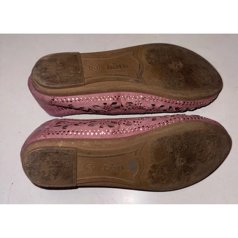 Link Comfort Girl's Pink Rhinestone Laser Cut Floral Ballet Dress Flats Size 12
